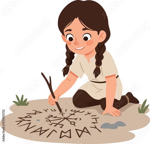 Cartoon Smiling Girl Drawing Runes in the Sand Illustration