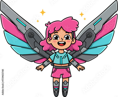 Cute Cartoon Robotic Wings Girl Character Futuristic Concept Illustration