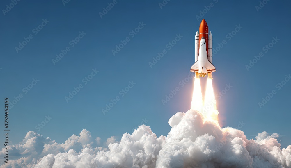 Fototapeta premium Space Shuttle Launching Against Clear Blue Sky Above White Fluffy Clouds Displaying Burning Exhaust