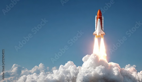 Space Shuttle Launching Against Clear Blue Sky Above White Fluffy Clouds Displaying Burning Exhaust