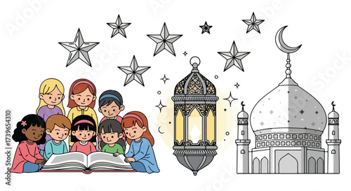 Diverse Children Reading Holy Book Under Ramadan Lanterns and Stars Near Mosque Illustration