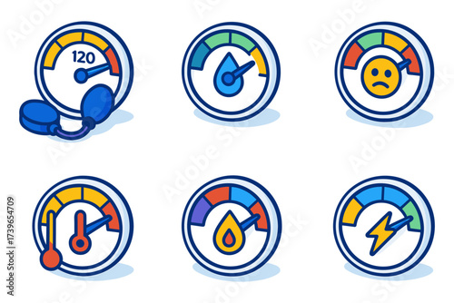 health meters isometric icons ,blood pressure, water level, sad face, thermometer, heat level, lightning energy