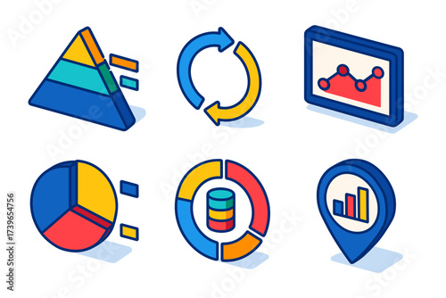 isometric analytics dashboard icons , pyramid, cycle arrows, line chart, pie, donut, location