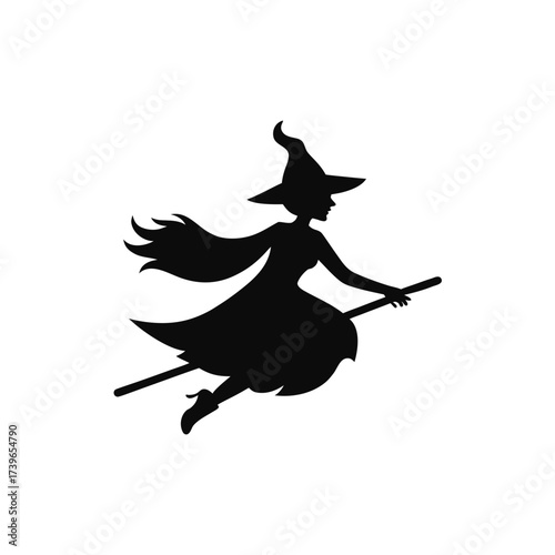 Silhouette of a witch with a pointy hat riding on a broomstick against a white plain background design on transparent background