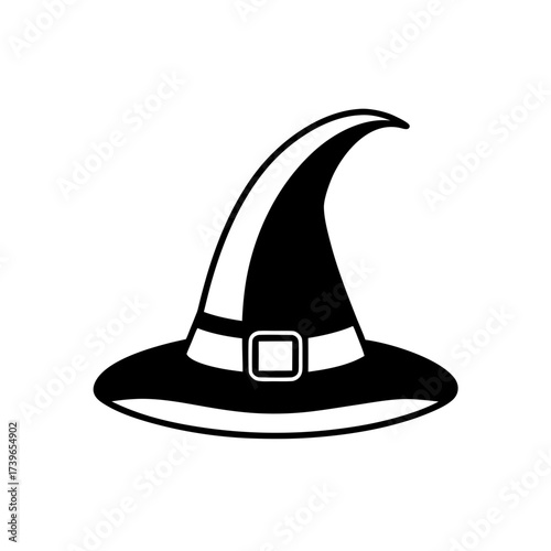 Illustration of a pointy black witch hat with a white band and buckle for halloween costume design on transparent background silhouette