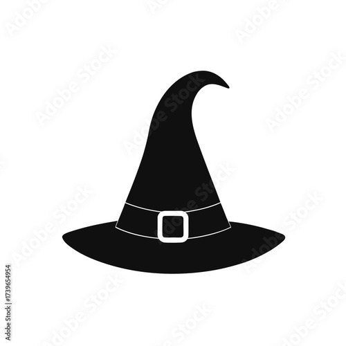 A black witch hat with a tall pointed crown and a wide brim isolated on a white background design image on transparent background silhouette