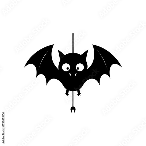 Cartoon bat hanging upside down with large eyes and small fangs on a white background illustration on transparent background silhouette