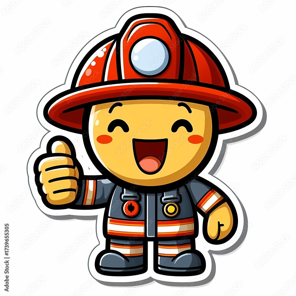 Fototapeta premium Cute firefighter sticker. Kawaii cartoon mascot in a helmet showing thumbs up.