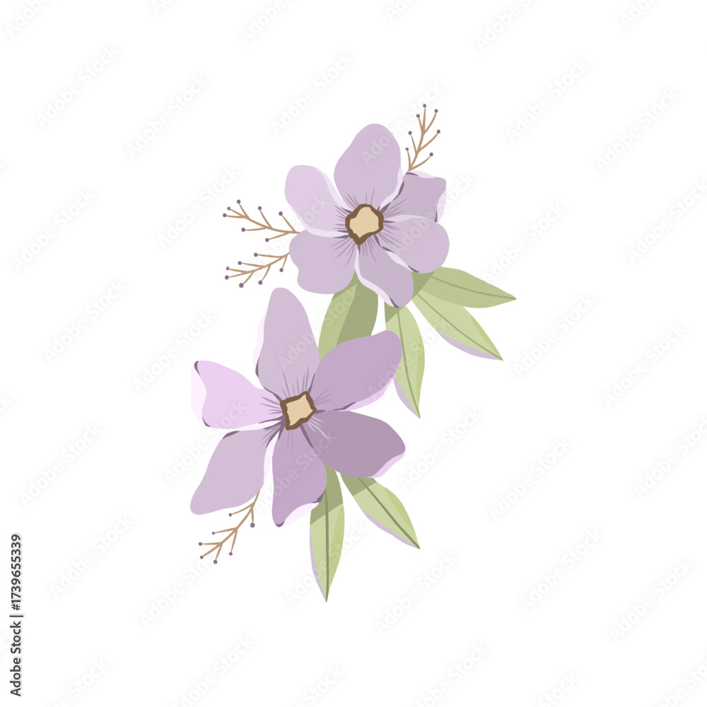 Fototapeta premium A delicate botanical illustration of two soft purple blossoms with gentle green leaves, capturing a minimalist and romantic spring aesthetic