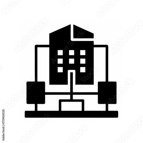 Building connected to network components on transparent background silhouette