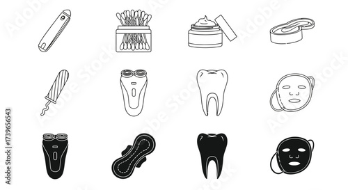 Vector illustration of collection of hygiene and personal care items, including cotton swabs, tampons, sanitary pads, electric shavers, teeth, and face masks
