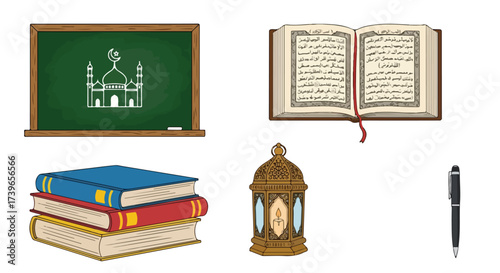 Islamic Education and Tradition Symbols Mosque Quran Books Lantern Pen Learning and Faith Concept
