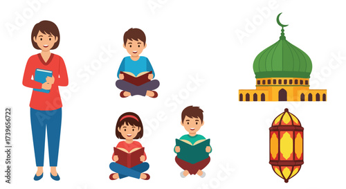 Diverse Children Learning and Reading with Teacher Near Mosque and Lantern Illustration
