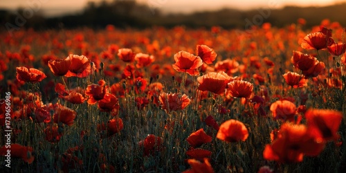 Vibrant Red Poppy Field at Sunset Landscape Photography poppy field, landscape, sunset, summer, sunrise, nature, golden hour