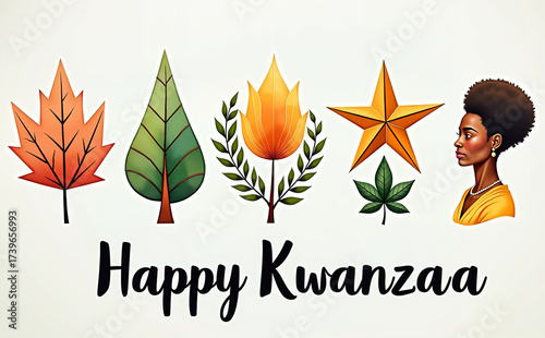 Watercolor Kwanzaa symbols on white background with Happy Kwanzaa lettering.