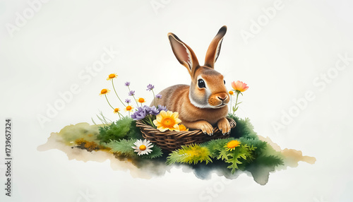 Charming pencil drawing of a rabbit nestled in a basket surrounded by flowers