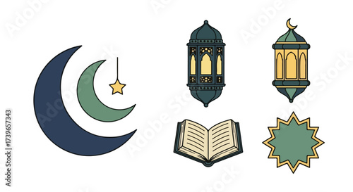 Islamic Ramadan Kareem Icons Collection Crescent Moon Star Lanterns Holy Quran and Geometric Star Vector Illustration