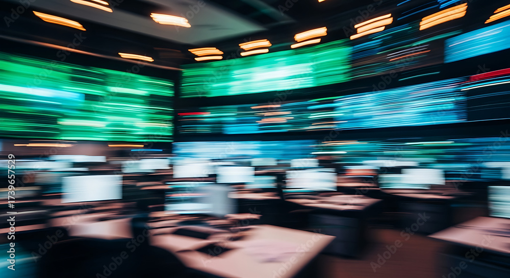 Obraz premium Command Center's Technological Dance: A dynamic internal perspective captures the vibrant intensity of a command center.