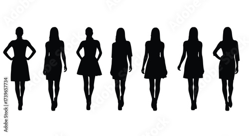 Vector illustration of silhouettes of seven fashionably dressed women walking in a line, showcasing different dress styles