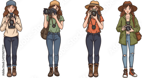 Beautiful young woman photographer cartoon illustration, holding camera, stylish outfit, creative artist, photography concept, travel girl, hobby lifestyle, professional shooting