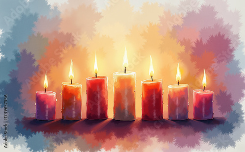 Watercolor background featuring glowing candles with a soft ambiance and copy space