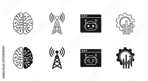 Vector illustration of set of icons representing artificial intelligence, technology, and data analysis, including brains, antennas, robots, and gears