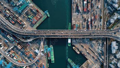 Aerial overview showcasing a sprawling industrial port complex