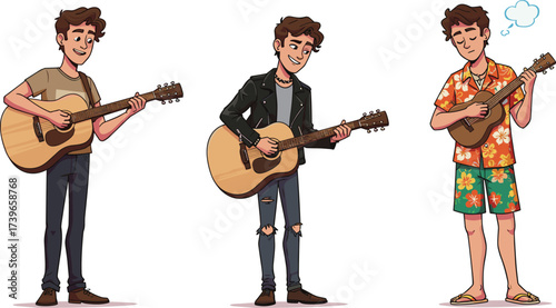 Cartoon boys playing guitar, male musicians performing, acoustic guitar illustration, music performance, casual outfit, rock style, tropical shirt, entertainment art