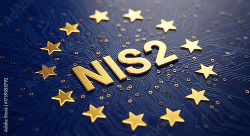 Conceptual illustration of the NIS2 directive for cybersecurity across the European Union, depicted with golden EU stars on a blue technology circuit