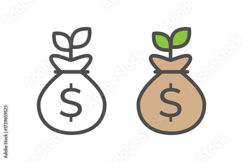Two moneybags that are growing like plants or seeds.