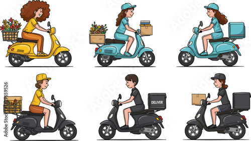 Cartoon courier delivery riders on scooter, flower delivery service, food package transport, online order shipping, express logistics, urban fast courier illustration