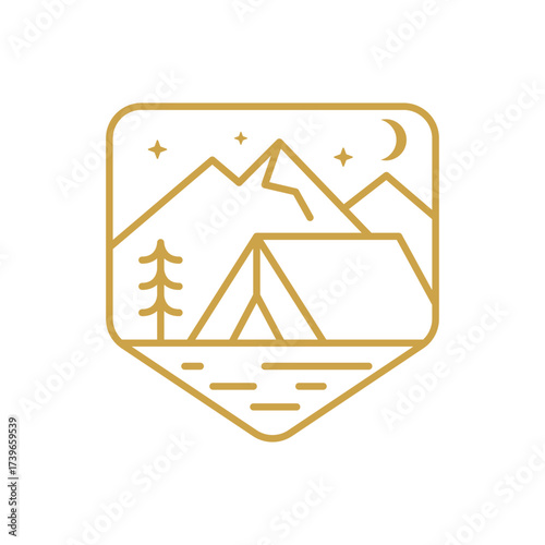 This badge features camping nature mountains tree and moon in line art.