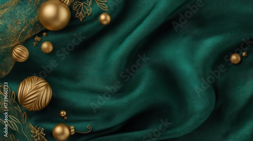 A green fabric with gold balls on it