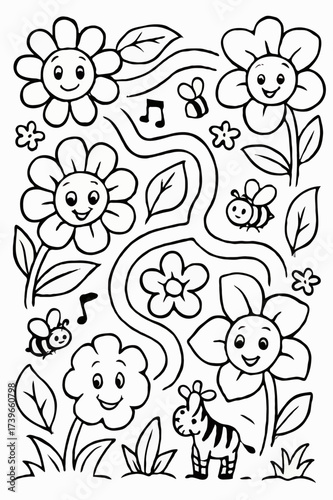 Happy cartoon flowers, bees, and a friendly zebra in a maze-like garden, a fun children's coloring page.