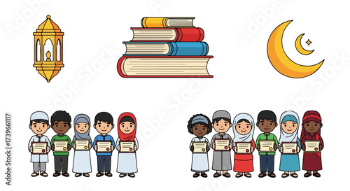 Diverse Muslim Children Celebrating Graduation with Islamic Symbols Books Education Faith and Achievement Concept