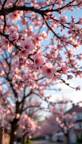 Cherry Blossoms Avenue: A radiant display of cherry blossoms paints a picturesque avenue, with delicate pink petals and branches reaching towards a brilliant blue sky.