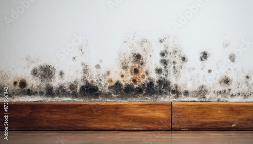 Close-up of a white wall with significant black mold growth along the bottom. Wooden trim present