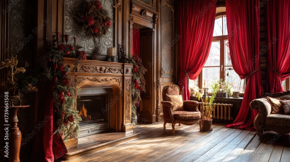 Obraz premium A red room with a fireplace and a chair