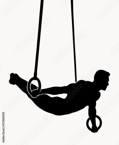 Black and white illustration of a silhouette of a gymnast performing tricks on rings on a white isolated background. Vector graphics. EPS.