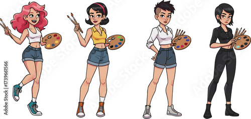 Cartoon female artists holding paint palette, creative women painters, artistic characters, drawing tools, modern lifestyle, colorful design, painter profession illustration