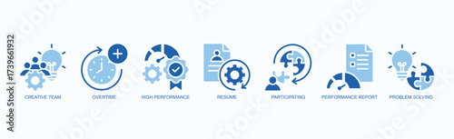 Team Performance Icon Set Isolated Vector With Icon Of Creative Team, Overtime, High Performance, Resume, Participating, Performance Report, Problem Solving In Two Color Glyph Style
