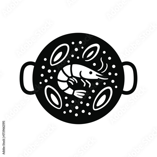 Vector silhouette of shrimp paella in a pan.