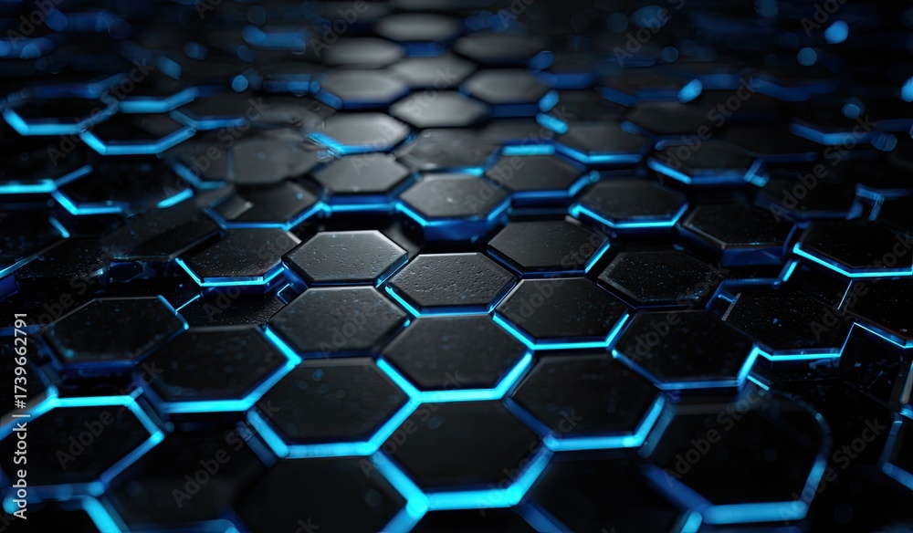 Fototapeta premium Abstract, close-up view of a hexagonal surface with a glowing blue underlay
