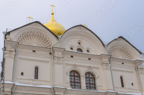 The cathedral with golden domes on the territory of the Moscow Kremlin. Temples of the Moscow Kremlin. The architectural ensemble of Cathedral Square. Culture and heritage in architecture.