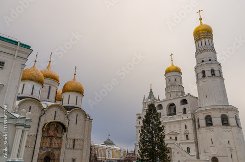 The cathedral with golden domes on the territory of the Moscow Kremlin. Temples of the Moscow Kremlin. The architectural ensemble of Cathedral Square. Culture and heritage in architecture.