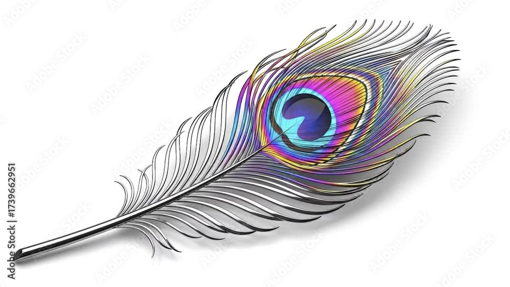 A stylized iridescent peacock feather with metallic-like barbs set against a plain white background casting a soft shadow