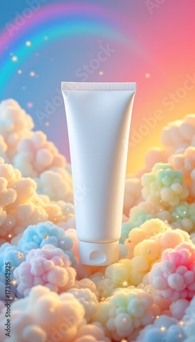 Cosmetic Tube Amidst Dreamy Clouds: A blank cosmetic tube floats amid fluffy, pastel-colored clouds with a rainbow in the background. Capturing the serene.