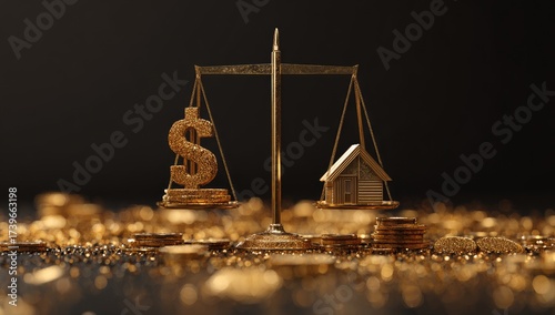 Golden balance scale holding a dollar sign and house, surrounded by gold coins against a dark background
