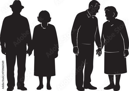 Silhouettes of Elderly Couples Holding Hands & Conversing for Aging & Relationship Themes