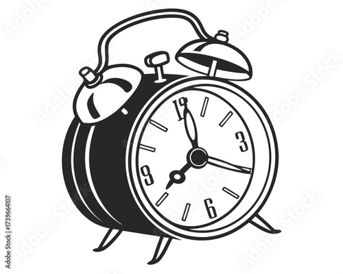 An illustration of a classic alarm clock with bells and hands pointing to twelve o five in black and white